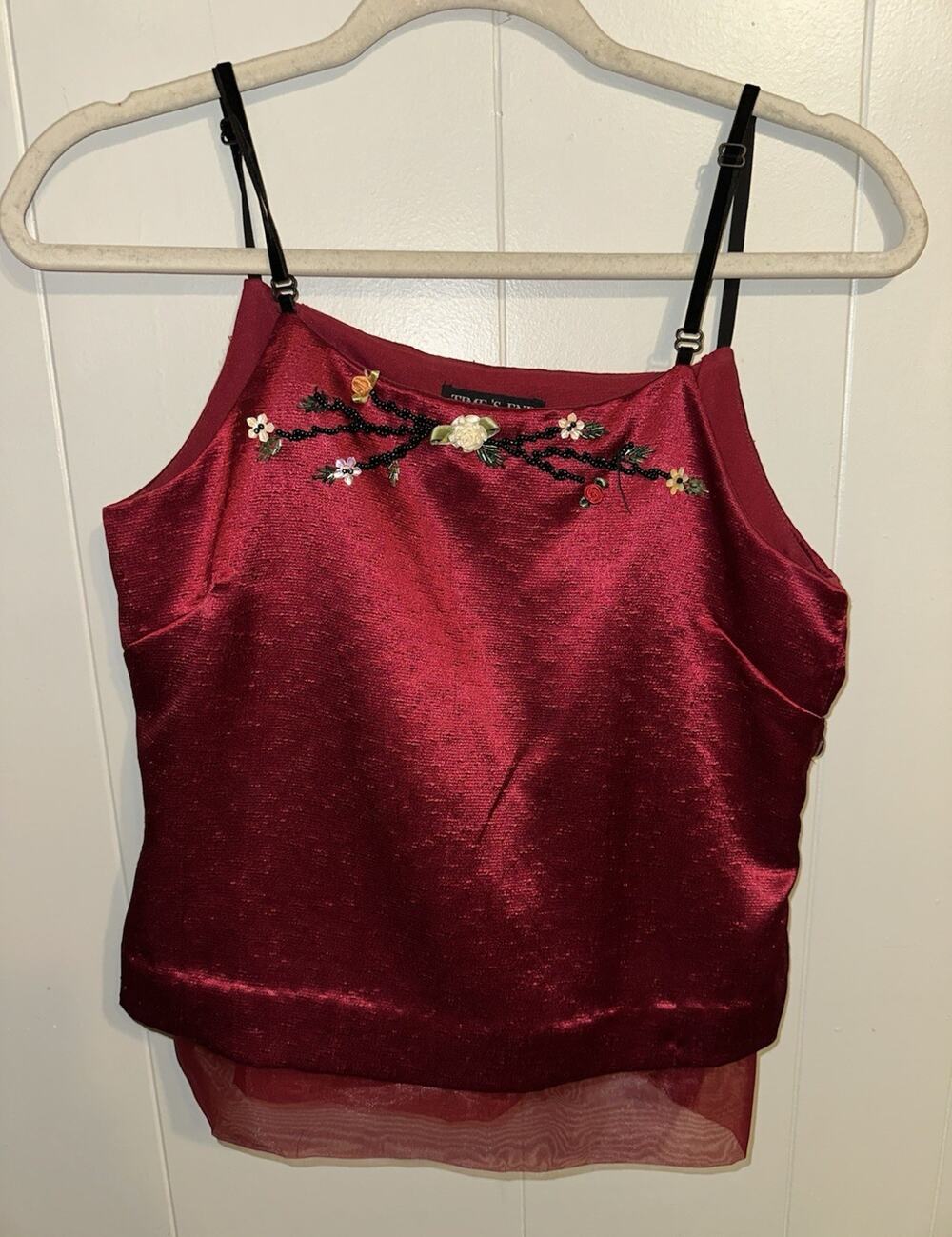 Time's End Vintage Burgundy Satin Camisole Floral Embroidered Beaded Button M